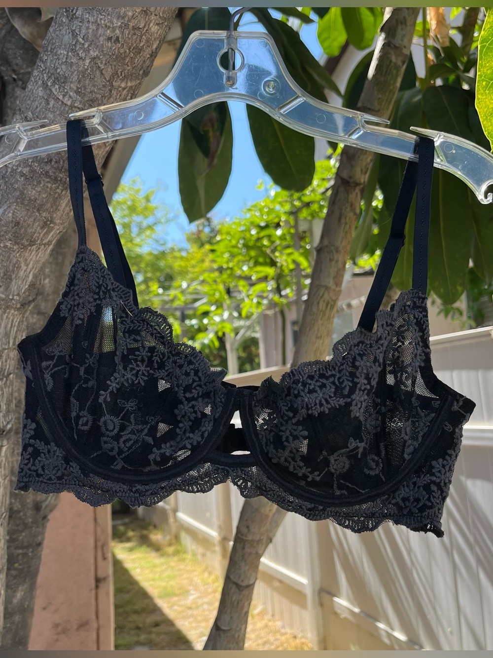 Free People Intimately Black Sheer Lace Bra with Grey Embroidered Detailing.